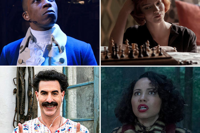 (Clockwise from upper left) Eugene Levy in <em>Schitt's Creek,</em> Leslie Odom Jr. in <em>Hamilton,</em> Anya Taylor-Joy in <em>The Queen's Gambit,</em> Jurnee Smollett in <em>Lovecraft Country,</em> Sacha Baron Cohen in <em>Borat Subsequent Moviefilm, </em>and Kristen Bell in <em>The Good Place.</em>