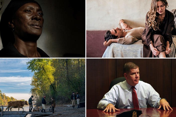 (Clockwise from upper left) Vitalina Varela plays the title character in <em>Vitalina Varela,</em> Jessica Cressy and Luca Marinelli in<em><em><em><em><em> Martin Eden, </em></em></em></em></em>Marty Walsh in <em><em><em>City Hall</em></em></em> and two men try to start a business in the Oregon Territory in<em><em><em> <em><em>First Cow.</em></em></em></em></em>