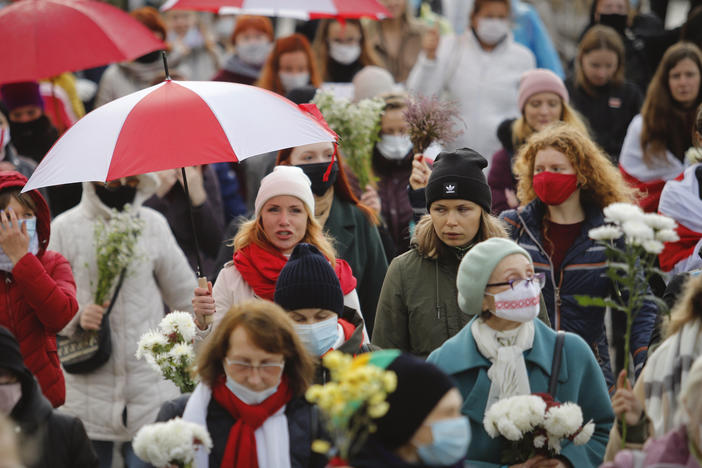 Belarusian women protest in Minsk, Belarus, in October,  demanding the resignation of the country's authoritarian President Alexander Lukashenko.