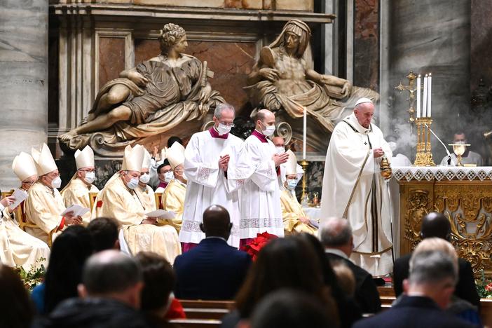 Pope Francis celebrates Christmas Eve Mass on Thursday at St. Peter's Basilica in the Vatican as Italy went back into lockdown measures due to the COVID-19 pandemic.