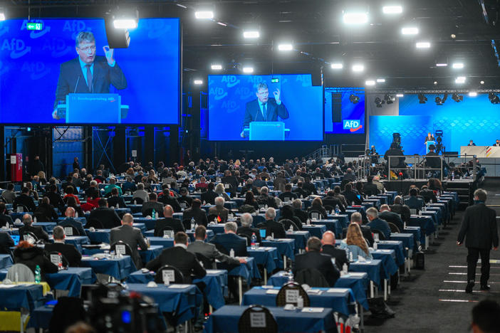 Jörg Meuthen, co-federal leader of the Alternative for Germany (AfD) political party, speaks at the party congress Nov. 28, in Kalkar, Germany. Meuthen criticized the party's right wing in his speech. The AfD held the two-day congress in person, as total confirmed coronavirus infections passed the 1 million mark.