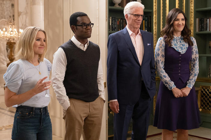 Kristen Bell, William Jackson Harper, Ted Danson and D'Arcy Carden in NBC's afterlife comedy series <em>The Good Place, </em>which ended after four seasons.