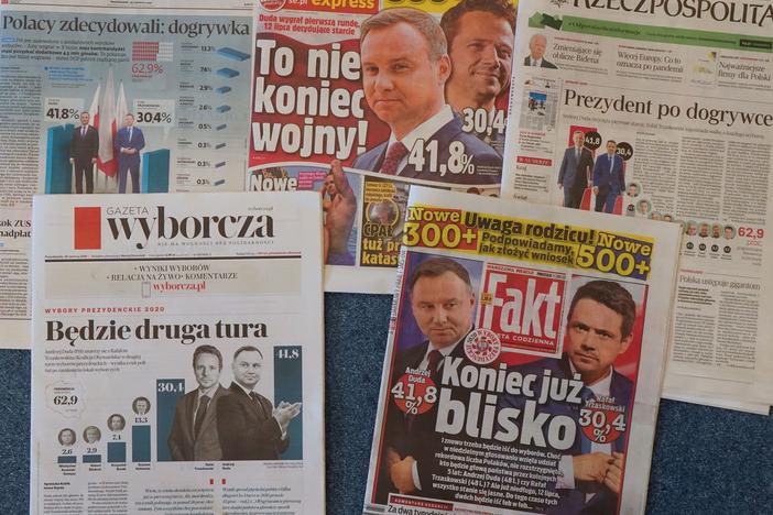 Front pages of main polish newspapers are pictured one day after the first round of the presidential election in Poland on June 29, 2020. European poll observers say "media bias" influenced recent Polish elections.