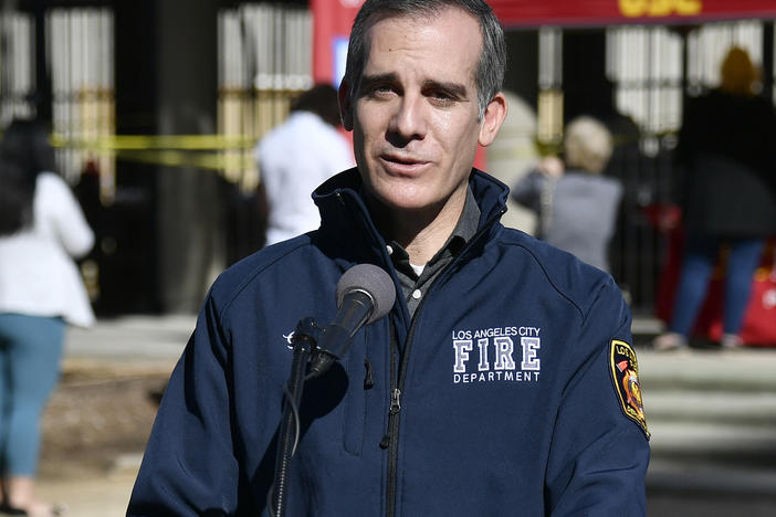 Los Angeles Mayor Eric Garcetti visits a coronavirus vaccination site at the city's Lincoln Park on Wednesday.