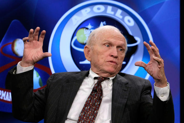 Apollo 8 crew member Frank Borman speaks during a 2008 NASA TV program at the Newseum in Washington, DC. The former astronauts participated in a discussion on the 1968 lunar orbital mission and how the success of Apollo 8 contributed to the overall moon landing effort.