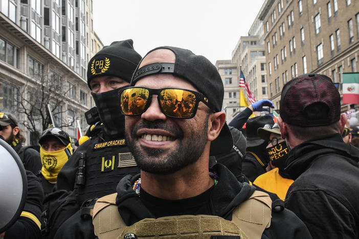 Enrique Tarrio, leader of the Proud Boys, during a protest last month in Washington, D.C. Tarrio has been charged with destruction of property and possession of high-capacity firearm magazines.