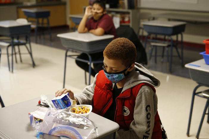 A fourth-grader eats breakfast at Mary L. Fonseca Elementary School in Fall River, Mass.