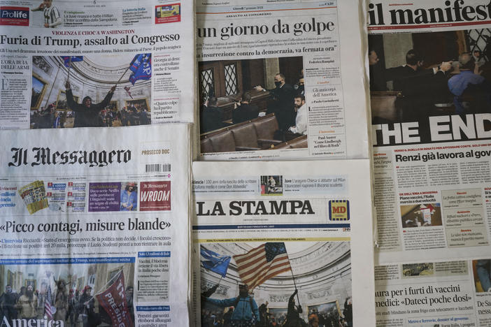 Italian papers show the chaotic scenes from Washington, with one headline declaring "The End." Others proclaim, "Gunshots on Democracy" and "USA – Day of the Coup." World leaders are reacting with shock and dismay to the assault on the Capitol.