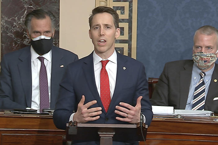 Sen. Josh Hawley, R-Mo., speaks during a Senate debate on whether to confirm the Electoral College vote, after protesters stormed the U.S. Capitol on Wednesday.