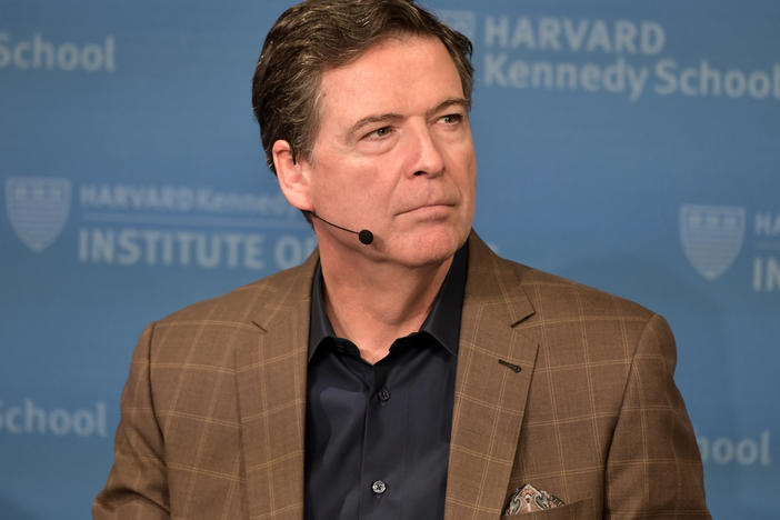 Former FBI Director James Comey speaks at Harvard Kennedy School with Harvard's Eric Rosenbach on Feb. 24, 2020 in Boston, Mass.