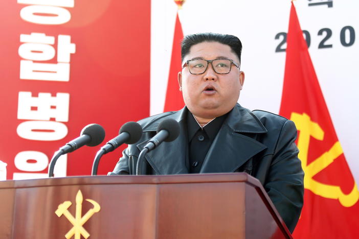 North Korean leader Kim Jong Un speaks at the groundbreaking ceremony for the construction of Pyongyang General Hospital on March 17, 2020.