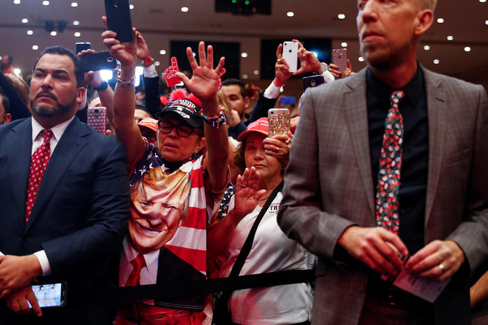 Members of the audience react as President Trump delivers remarks at an Evangelicals for Trump coalition launch at the King Jesus International Ministry in Miami on Jan. 3, 2020.