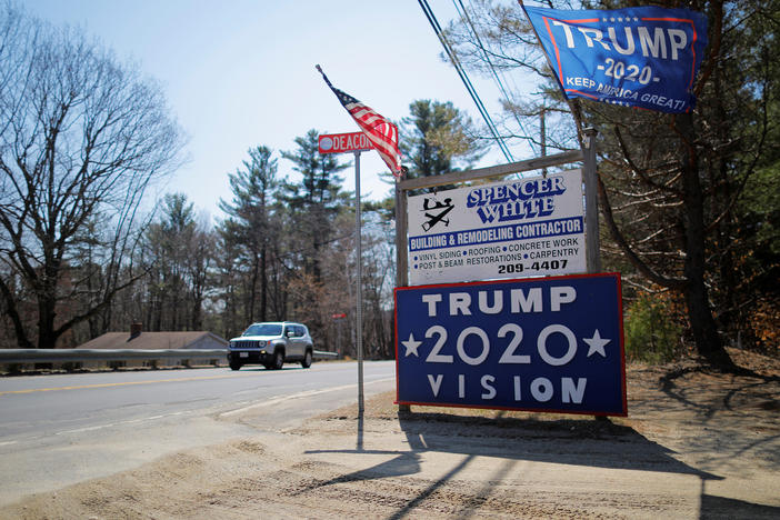 A sign supporting President Trump stands on the roadside last year in Troy, N.H.