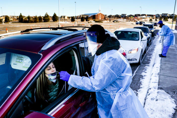 A coronavirus variant that is thought to be more contagious was detected in the United States in Elbert County, Colo., not far from this testing site in Parker, Colo. The variant has been detected in several U.S. states.