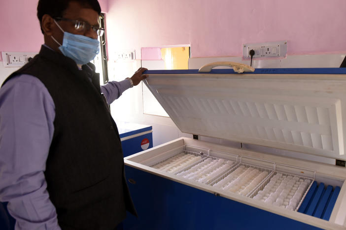 A box for COVID-19 vaccine storage in Aishbagh, an area in Lucknow, India, on Tuesday. India, a country of 1.4 billion people, is preparing to launch what will likely be the world's largest immunization drive to combat the coronavirus.