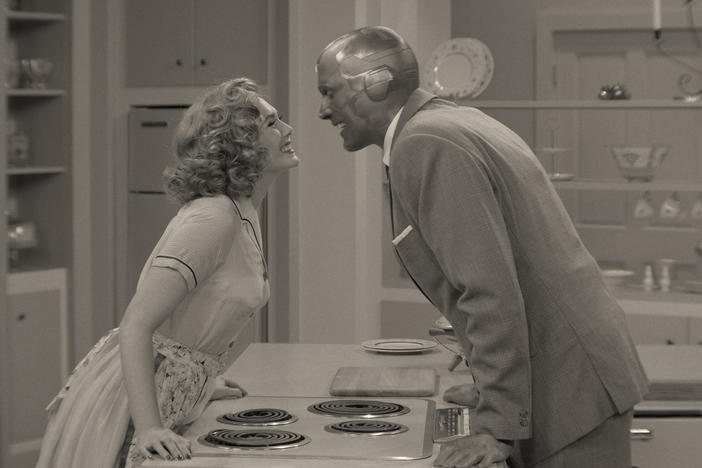 In Disney+'s <em>WandaVision</em>, Wanda (Elizabeth Olsen) and Vision (Paul Bettany) find themselves in a disturbing situation ... comedy.