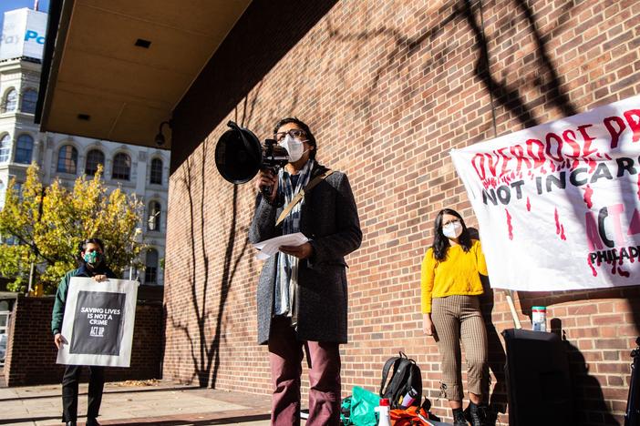 Nikil Saval, a newly elected Pennsylvania state senator, speaks in support of opening a "supervised injection site" for opioid users in Philadelphia during a Nov. 16 rally outside the federal courthouse.