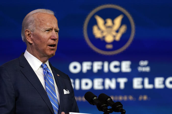 President-elect Joe Biden speaks about his COVID-19 relief plan Thursday evening in Wilmington, Del.