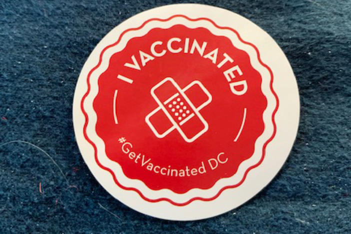 No lollipops at the vaccination center, but they were giving out stickers.
