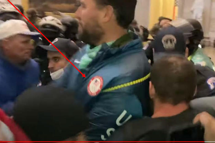 A screenshot from the Jan. 6 U.S. Capitol insurrection allegedly shows gold medalist swimmer Klete Keller wearing an Olympic jacket.