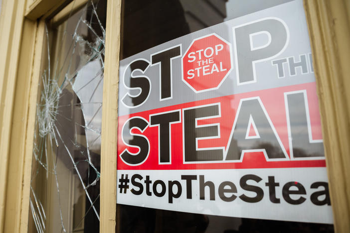 A Stop The Steal is posted inside of the Capitol Building after a pro-Trump mob broke into the U.S. Capitol on Jan. 6. Trump supporters had gathered in the nation's capital to protest the ratification of President-elect Joe Biden's Electoral College victory over President Trump in the 2020 election.