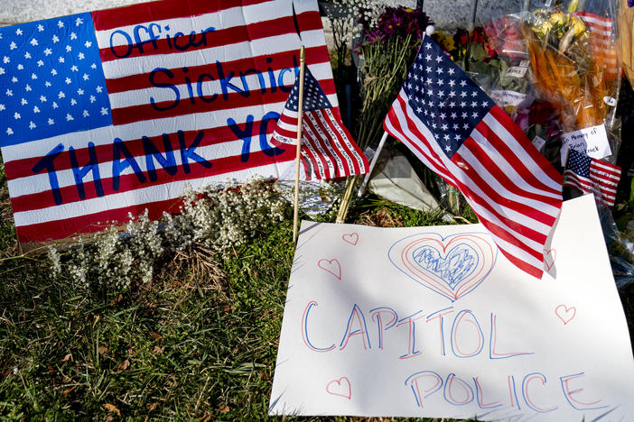 A memorial for U.S. Capitol Police Officer Brian Sicknick, who was killed by rioters in the Jan. 6 attack, is set up near the U.S. Capitol.