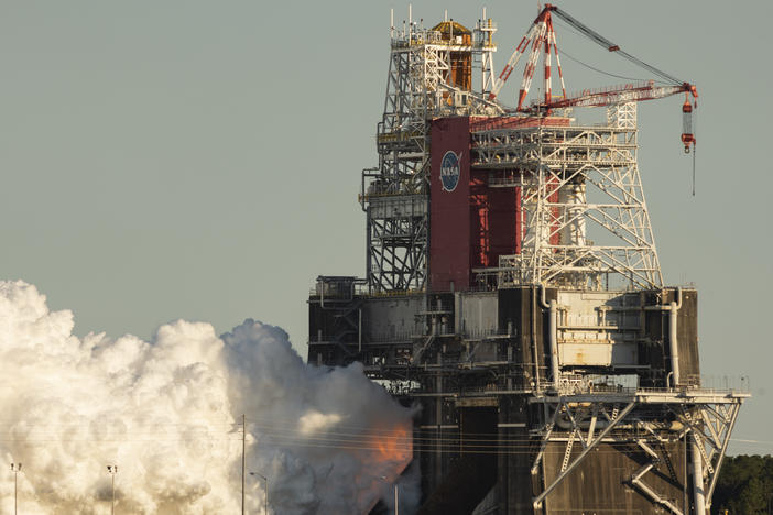 In this image provided by NASA, the core stage for the first flight of NASA's Space Launch System rocket is seen at NASA's Stennis Space Center near Bay St. Louis, Mississippi. The four engines fired for a little more than one minute.