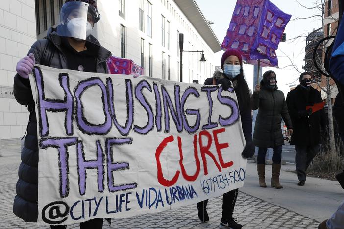 Tenants' rights advocates protesting evictions during the pandemic in Boston this month. They want the Biden administration to not only extend, but also strengthen, an eviction order from the CDC aimed at keeping people in their homes during the outbreak.