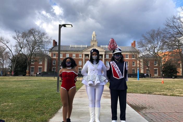 Howard University students (from left) Ayanna Snead, Cheyne Thompson-Quartey and Paula Clark get ready to perform in Wednesday's inaugural parade.