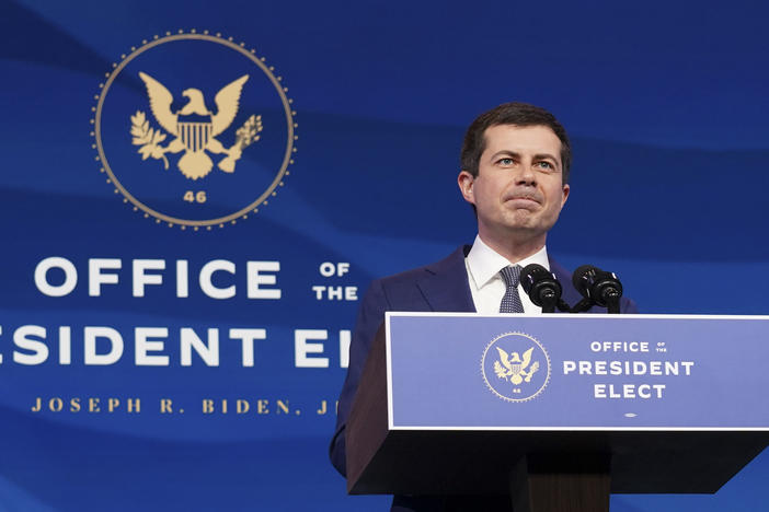 Pete Buttigieg speaks on Dec. 16 after he was nominated to be transportation secretary by then-President-elect Joe Biden. Buttigieg faced a largely friendly reception at his Senate confirmation hearing on Thursday.