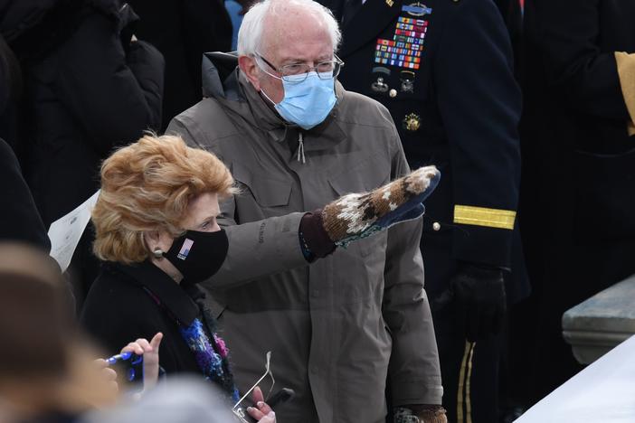 Bernie Sanders arrives for the inauguration of Joe Biden sporting a pair of mittens made from repurposed wool gifted to him by Jen Ellis, a teacher in Vermont.