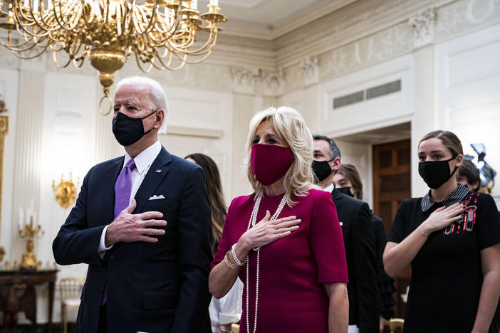 President Joe Biden and first lady Jill Biden attended the virtual presidential inaugural prayer service from the State Dining Room of the White House.