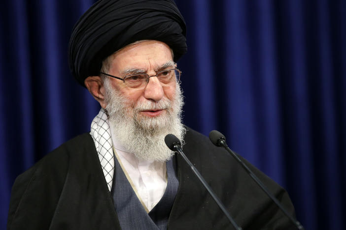 Iranian Supreme Leader Ayatollah Ali Khamenei on Jan. 8. A Twitter account believed to be linked to Khamenei was permanently banned Friday after posting a threatening image involving former President Donald Trump. Twitter told The Associated Press the account was a fake.