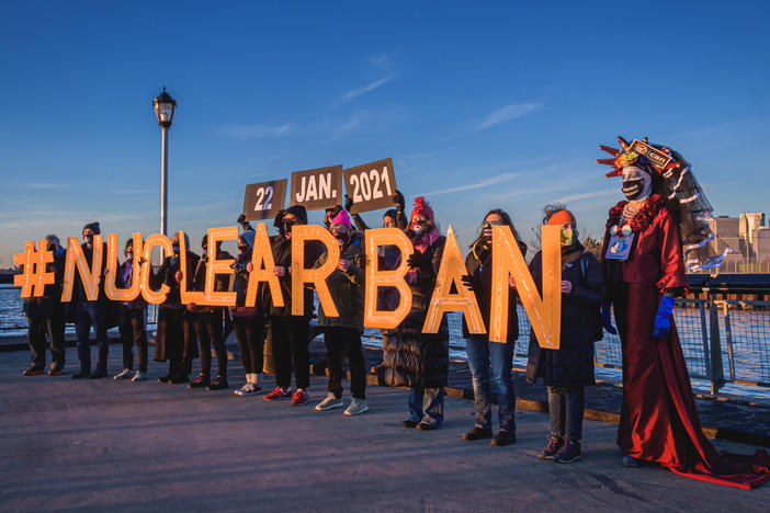 Activists in New York City show their support for the Treaty on the Prohibition of Nuclear Weapons, which took effect on Friday.