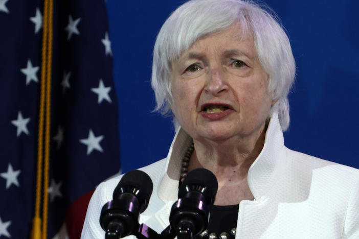 Janet Yellen addresses an event last month introducing the incoming Biden administration's economic team in Wilmington, Del. Yellen is the first woman to lead the Treasury Department.