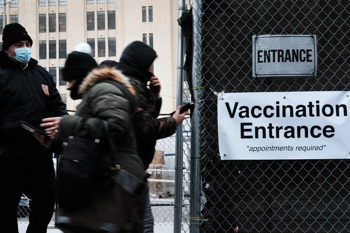 A COVID-19 vaccine hub taking appointments only stands in Brooklyn as New York City begins to run low on doses Friday.