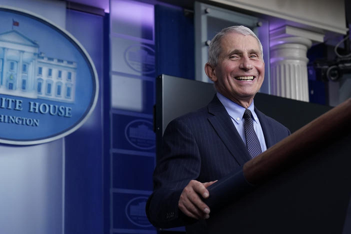 Dr. Anthony Fauci laughs while speaking at a White House briefing on Thursday. Fauci, President Biden's chief medical adviser on COVID-19, says he rejoiced when the new president declared that "science and truth" would guide the nation's policies toward the pandemic.