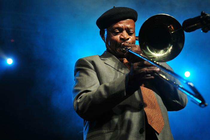 Trombonist Jonas Gwangwa performs in Sandton, South Africa in 2017.
