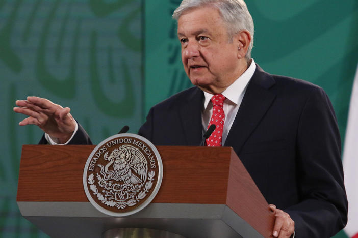 Mexican President Andrés Manuel López Obrador, pictured during a daily press conference at National Palace in Mexico City last week, says he's tested positive for the coronavirus.
