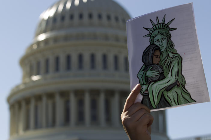 Faith leaders and members of human rights groups protest outside of the U.S. Capitol calling Congress not to end refugee resettlement programs on Oct. 15, 2019, in Washington.