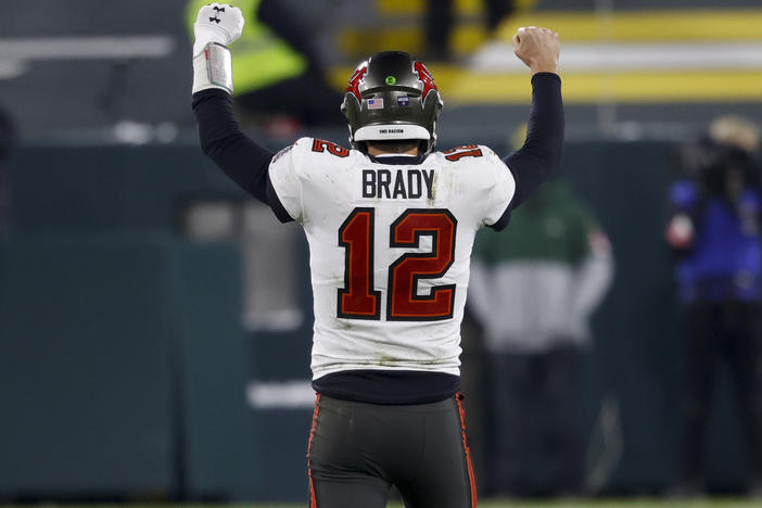 Tampa Bay Buccaneers quarterback Tom Brady reacts after winning the NFC championship against the Green Bay Packers in Green Bay, Wis., on Sunday. The Buccaneers will meet AFC champions Kansas City Chiefs Feb. 7 in Super Bowl LV.