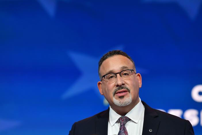 Miguel Cardona, President Biden's nominee for U.S. education secretary, speaks during a December event announcing his nomination.