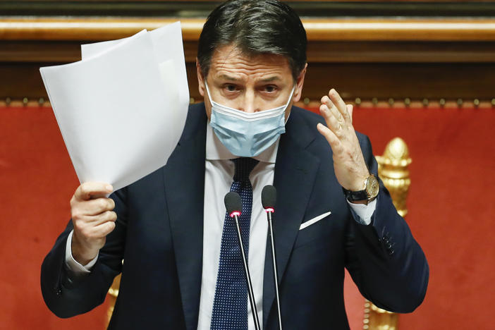 Italian Prime Minister Giuseppe Conte replies to questions ahead of a confidence vote last week at the Senate at Palazzo Madama in Rome. Conte handed in his resignation Tuesday.