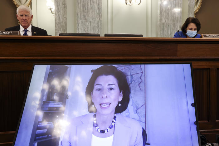 Rhode Island Gov. Gina Raimondo appears through video conferencing Tuesday during a Senate hearing for her nomination as the secretary for the Commerce Department, which oversees the U.S. Census Bureau.