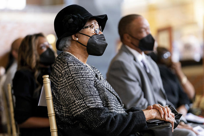 Billye Aaron listens during "A Celebration of Henry Louis Aaron," a memorial service celebrating the life and enduring legacy of the late Hall of Famer and American icon at Truist Park in Atlanta.