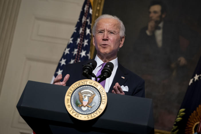 President Biden speaks about the coronavirus pandemic in the State Dining Room of the White House on Tuesday.