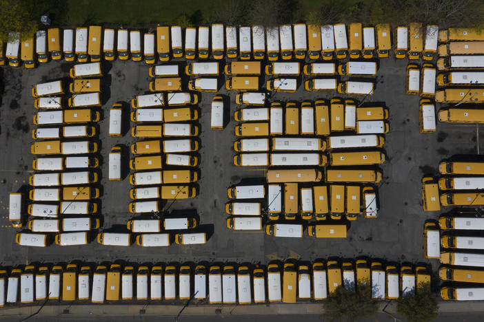 An aerial view of a Freeport, N.Y., school bus parking lot in April 2020.
