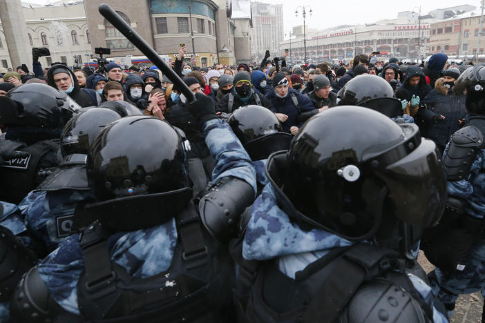 Demonstrators in Moscow clash with police Sunday during a protest against the jailing of Alexei Navalny. Thousands of people took to the streets across Russia to demand the opposition leader's release.