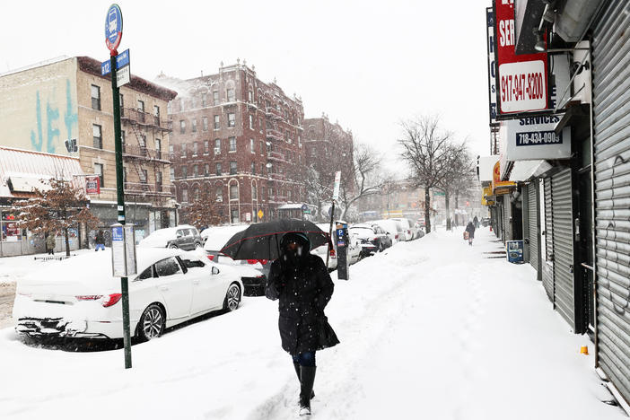 A massive winter storm is bringing heavy snowfall and strong winds to neighborhoods across the Northeast, like this one in Brooklyn, New York.