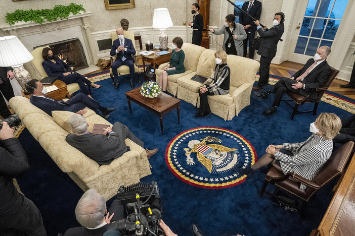 President Biden and Vice President Harris meet Monday evening in the Oval Office with 10 Republican senators, including Mitt Romney of Utah, Susan Collins of Maine and Lisa Murkowski of Alaska, to discuss COVID-19 relief proposals.